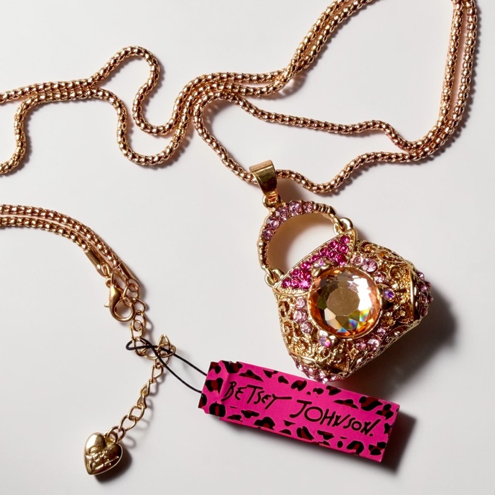 Betsey Johnson Rose Gold Handbag Pendant Necklace Pink Crystal Champagne NWT